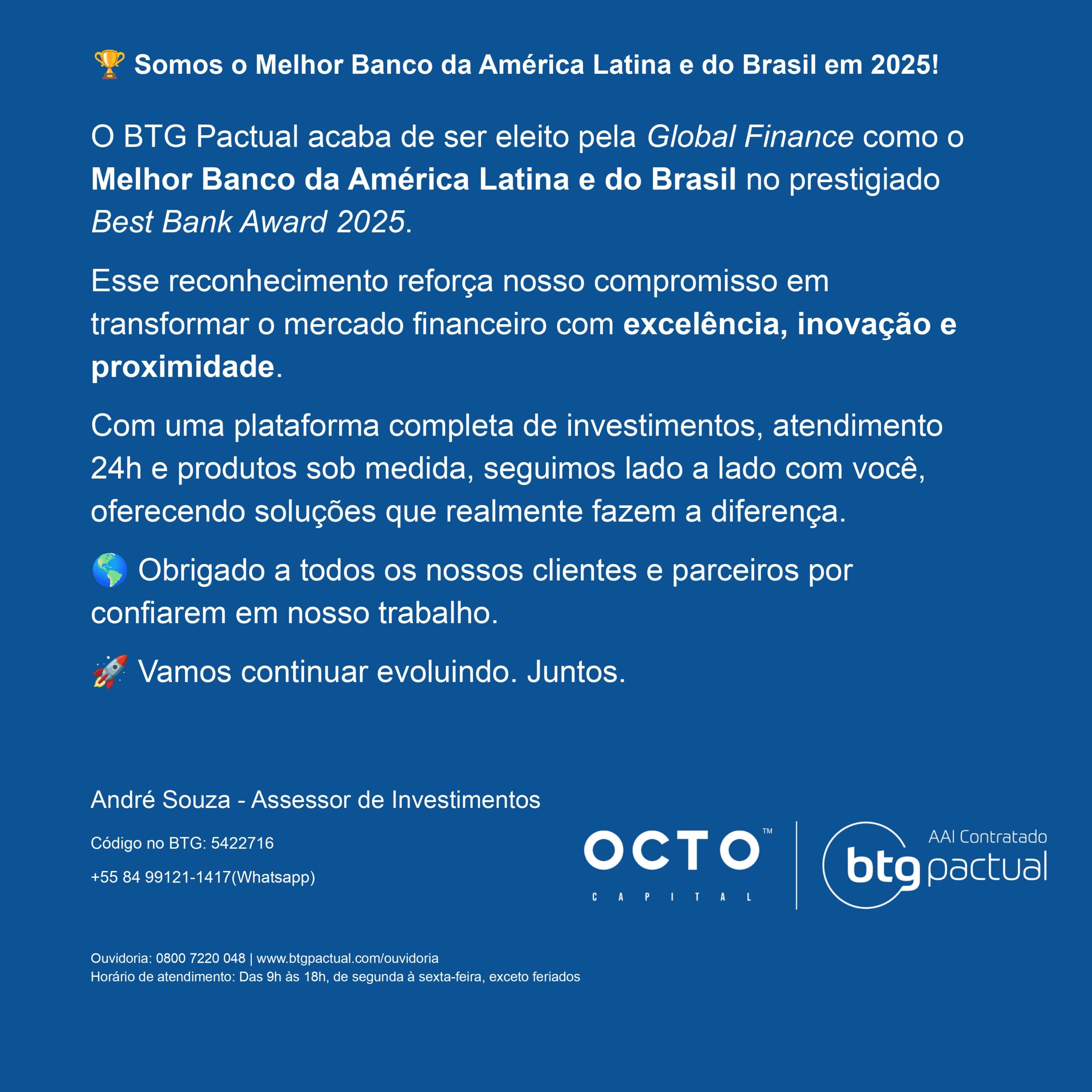 BTG Pactual é eleito o Melhor Banco da América Latina e do Brasil em 2025