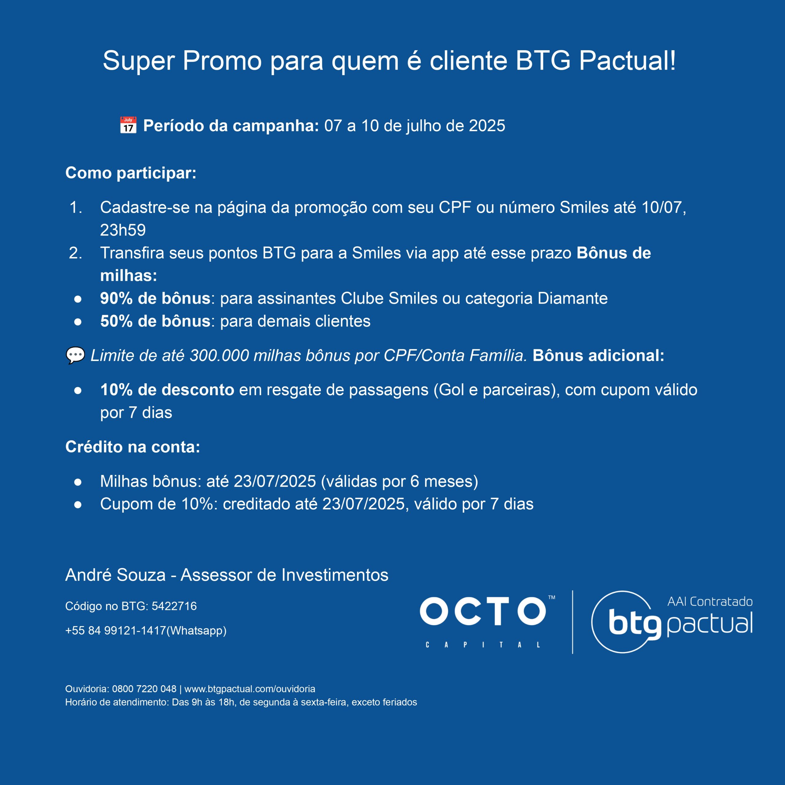 Ganhe até 90% de bônus em milhas transferindo pontos do BTG para a Smiles