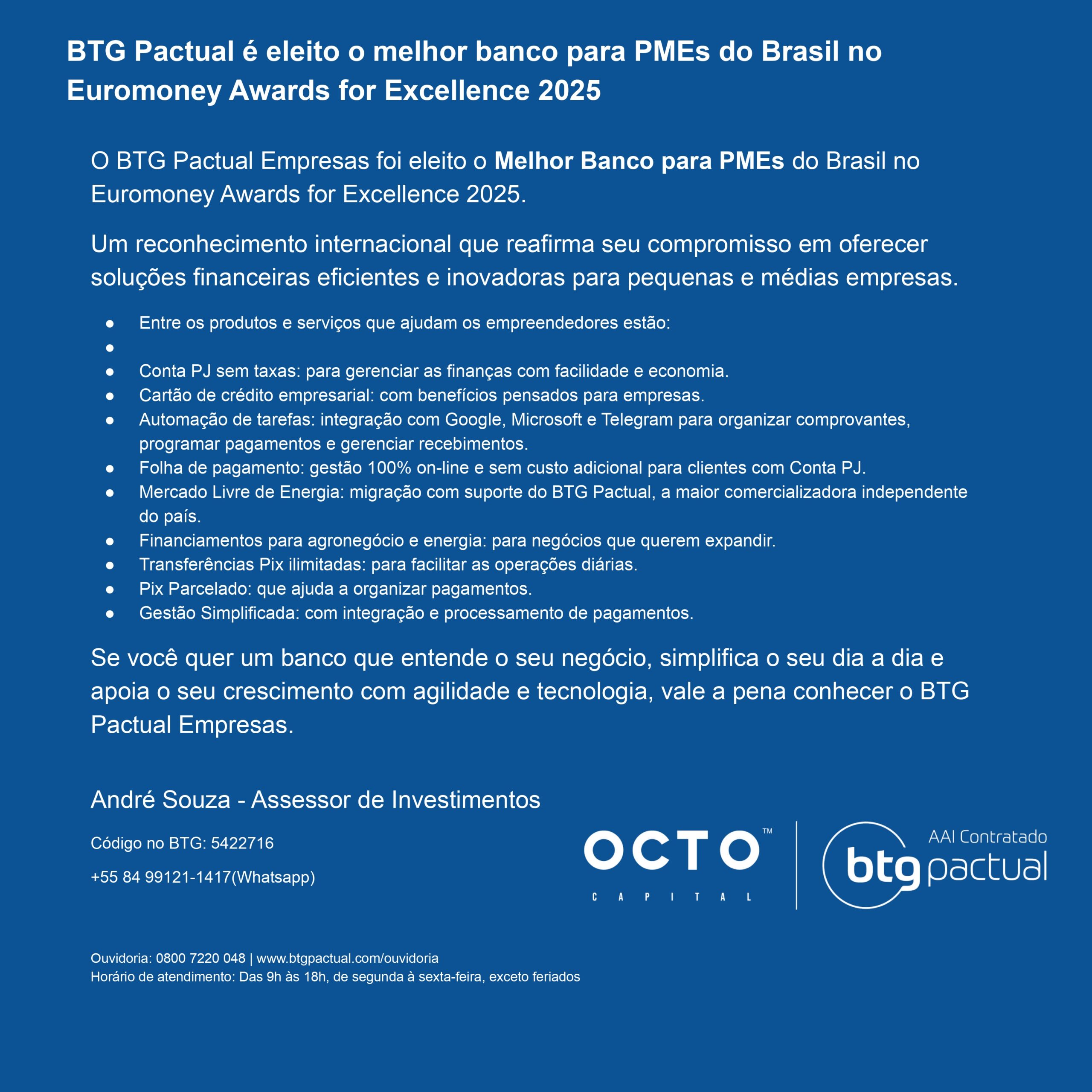 BTG Pactual Empresas é eleito o melhor banco para PMEs do Brasil