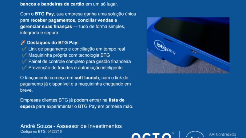 BTG Pactual lança o BTG Pay e entra no mercado de adquirência